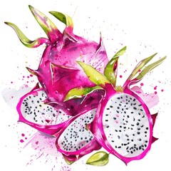 A lively watercolor painting of dragon fruit with a half-sliced piece