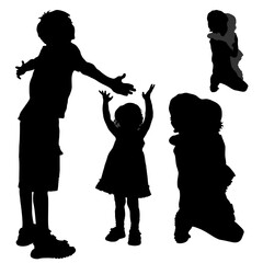 Vector silhouettes of children. A 7 year old boy and a little girl and their hands are raised up. Brother and sister nearby.