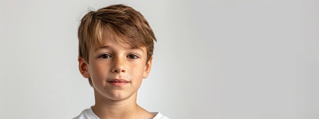 Calm Preteen Boy Portrait. A portrait of a calm, ten-year-old boy with a thoughtful expression and a plain background. - obrazy, fototapety, plakaty