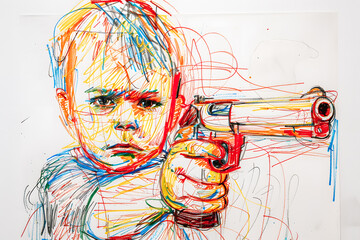 Enfant braquant un pistolet réel - obrazy, fototapety, plakaty