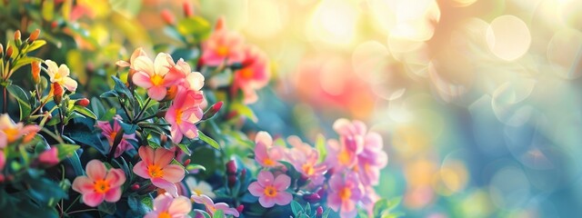 Vibrant Spring Blooms in Sunlit Garden. A lush display of vivid multi-colored flowers in full bloom, bathed in a soft, sunlit glow, evoking the fresh essence of spring in a garden. - obrazy, fototapety, plakaty