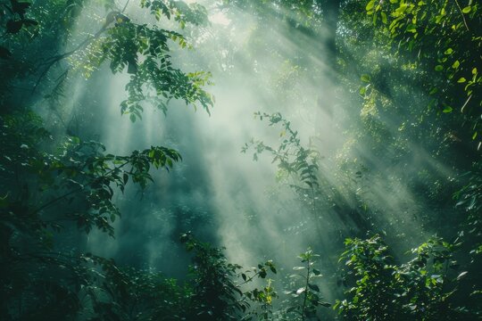 Fototapeta Wisps of fog in a dense forest