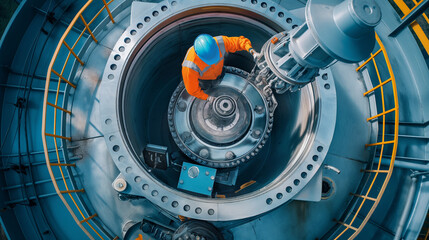 A worker in bright orange is inspecting the machinery of a large turbine