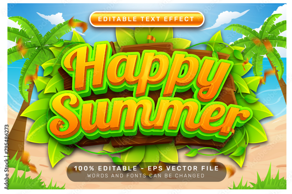 Poster happy summer 3d text effect and editable text effect with a beach background
