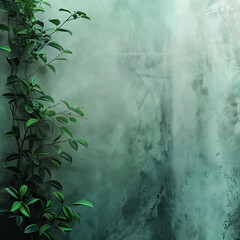 against the background of a green matte wall there is a liana plant, a background for filling or presentation of an eco product