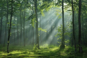 Obraz premium Wisps of fog in a tranquil forest