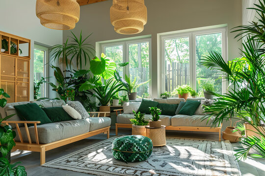 Interior of living room with green houseplants and sofas
