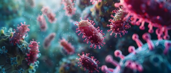 Fototapeta premium Exploring Bacteria and Viruses in a D Science Environment. Concept Microscopy, Pathogens, Infection Control, Microbiome Research, Virology