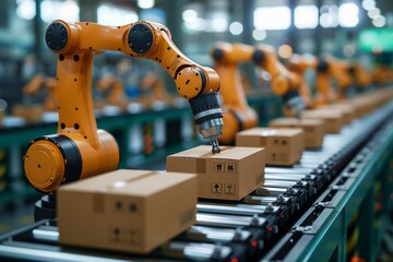 Robotic Arms Moving Boxes on a Conveyor Belt