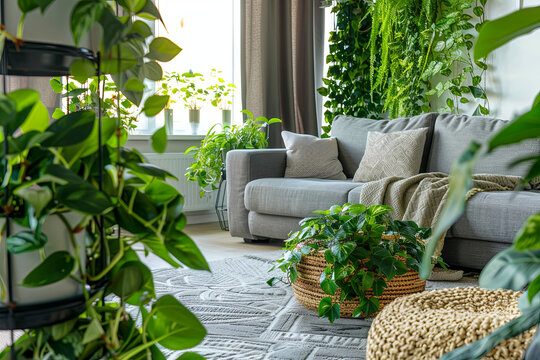 Interior of living room with green houseplants and sofas
