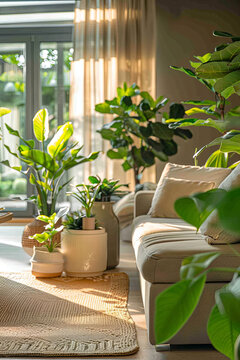 Interior of living room with green houseplants and sofas
