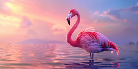 Fototapeta premium A solitary flamingo stands gracefully in water against a vivid sunset sky, creating a tranquil scene