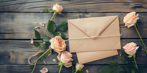 A charming composition featuring a kraft paper envelope tied with string, surrounded by delicate roses on wood - obrazy, fototapety, plakaty