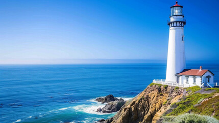 Obraz premium A lighthouse on the edge of an ocean cliff, overlooking blue waters and sandy beaches 