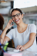 Office, phone call and woman with smile at desk for networking, communication and planning. Contact, discussion and journalist with smartphone at work for article review, feedback and good advice