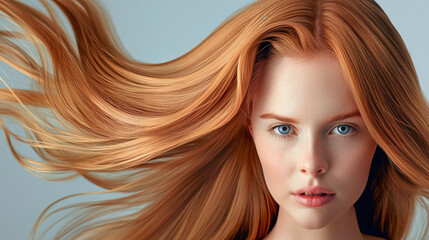 Portrait of a beautiful woman with red long hair flying in the wind, smooth and shiny blonde hair