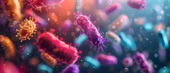 3D rendering of microbiome elements and probiotics in human immune system. Concept Microbiome Visualization, 3D Rendering, Probiotics Illustration, Immune System, Scientific Graphics