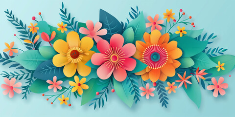 This image showcases a symmetrical arrangement of colorful paper flowers and leaves on a light blue background