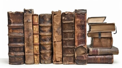 Stack of vintage books on a white background