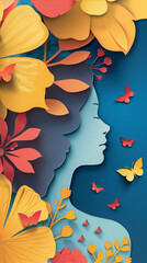 Two human silhouettes facing each other with colorful paper art butterflies and flowers