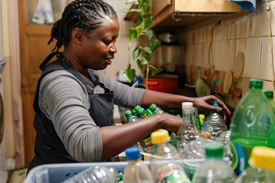 In the kitchen, a woman rinses plastic bottles and sorts them into a box with recycling signs
