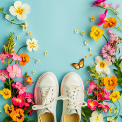 A lively composition of various colorful flowers surrounding a pair of white sneakers on a delightful blue background