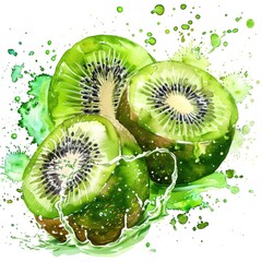Vivid watercolor artwork of kiwi fruits and slices