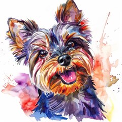 Yorkshire Terrier smiling, lively watercolors on a plain white background