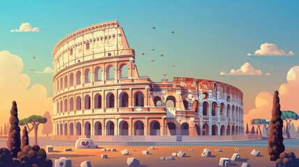 The Colosseum scene in flat graphics - obrazy, fototapety, plakaty
