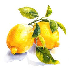 Watercolor illustration of lemon hanging on a branch