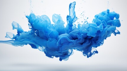 Blue paint splash captured in mid-air, vibrant against white, realistic,