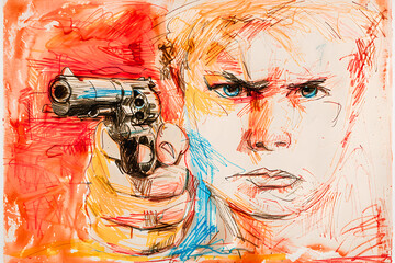 Adolescent tenant braquant un pistolet - obrazy, fototapety, plakaty