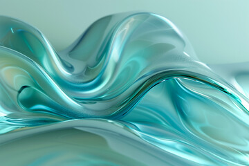 abstract translucent amorphous glass flowing fluid waves green turquoise tones on white background in style clean, minimal, modern.