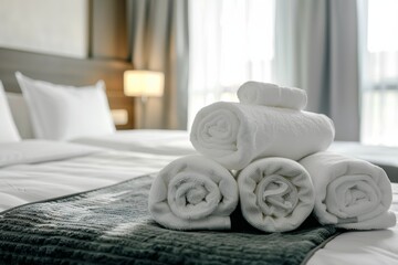Fototapeta na wymiar Clean and fresh white bath towels on neatly bed in hotel suite. Concept of room service, comfort staying and luxurious apart. Guest bedroom in apartment at morning