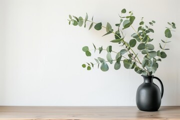 Close up green eucalyptus branch in black ceramic vase against white wall on background. Home decor on wooden table or modern oak commode with template art poster. Scandi style of living room interior