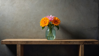 wooden board on old wall, vase with flower