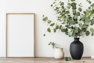 Close up green eucalyptus branch in black ceramic vase against white wall on background. Home decor on wooden table or modern oak commode with template art poster. Scandi style of living room interior