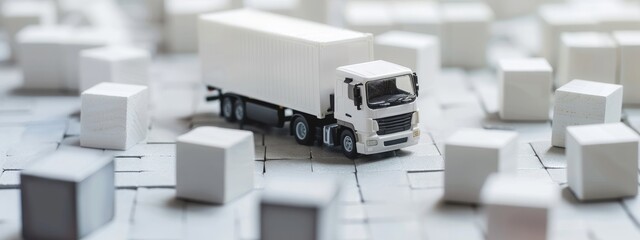 Macro shot of a white toy truck on grey blocks, symbolizing logistics and transport, with a focused depth of field.