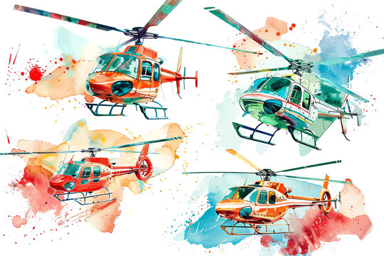 Minimalistic watercolor illustration of helicopters on a white background, cute and comical
