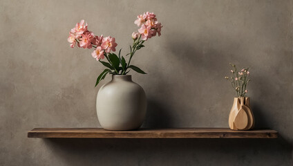 wooden board on old wall, vase with flower nostalgia