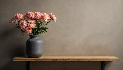 wooden board on old wall, vase with flower card