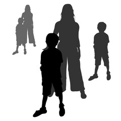 Vector silhouettes of people. Mother and son stand in full frontal height. The child is standing in front. Woman in wide trousers