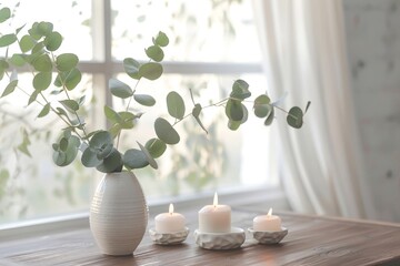 Design for elegant home. Green eucalyptus branch in white minimalist vase close to stylish ceramics candlesticks with candles on wooden coffee table in living room interior. Still life composition