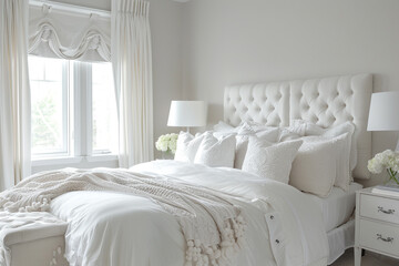 A serene white bedroom, adorned with plush bedding and subtle accents, offering a tranquil retreat captured with HD clarity.