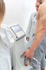 Fototapeta na wymiar Health checkup in progress, a medical professional operates advanced diagnostic equipment