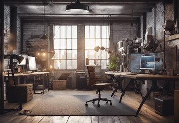 Office interior in loft industrial style 3d render