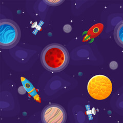 Space cartoon seamless pattern.  Cute design for