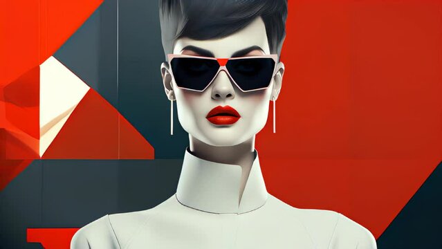 Stylish female face from linear graphics with glasses and red lips against a background of abstraction of a bright shade