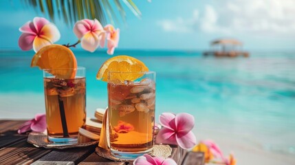 Chilled tea drinks with orange slices and ice served on an exotic wooden deck by the ocean
