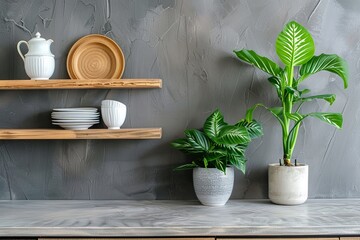Element of scandinavian interior. Wooden shelves with kitchenware and epipremnum houseplant in flower pot in kitchen. Elegant living room with home decor and dinnerware against gray wall - obrazy, fototapety, plakaty